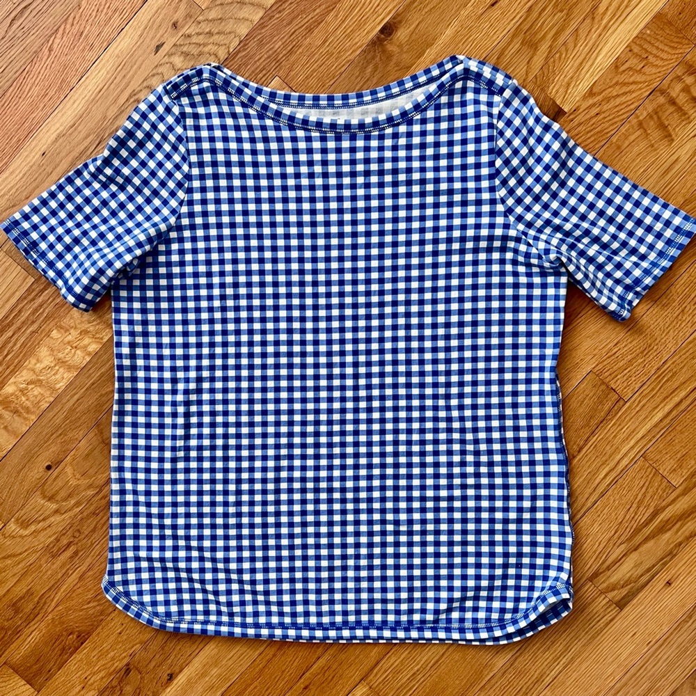 Talbots Blue And White Gingham Plaid Short Sleeve Boat Neck Tee (1X) Like New - Picture 2 of 6